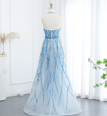 Blue A Line V Neck Sequin Beaded Tulle Long Prom Dress Evening Dress HZ1023